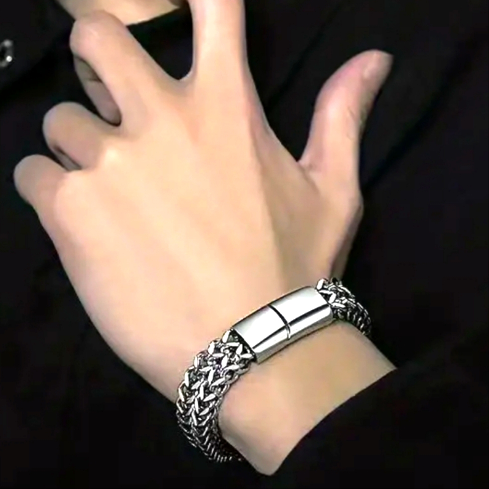 Men's Genuine Solid Stainless Steel Chunky Slide In Magnetic Bracelet 8.25"